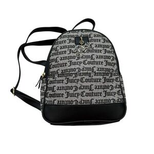 Juicy Couture Mini Backpack Logo Print Black Gray Gold Charm Faux Leather Y2K